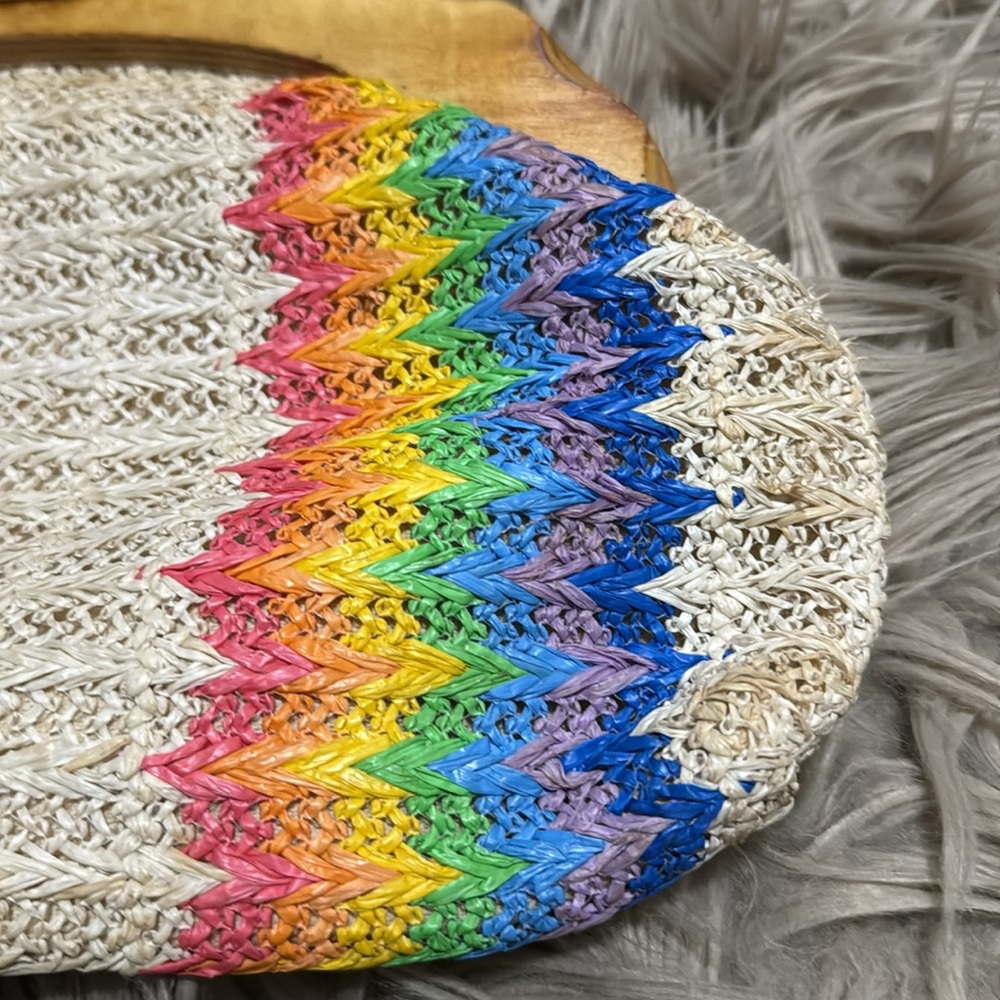 Vintage Woven Clutch-Made in Hong Kong-Wooden Top Closure-Rainbow Exterior - Picture 6 of 17